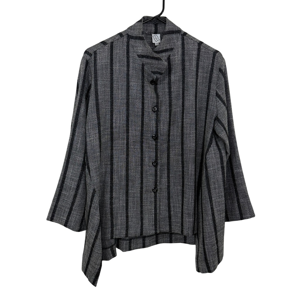 M Square Jacket Womens 1 Grey Striped Button Front Mock Neck Lagenlook